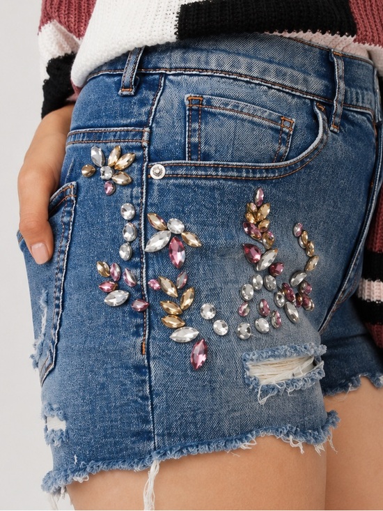 Express Pants - Express Rhinestone Embellished Distressed High Rise Denim Shorts NWT Size 6